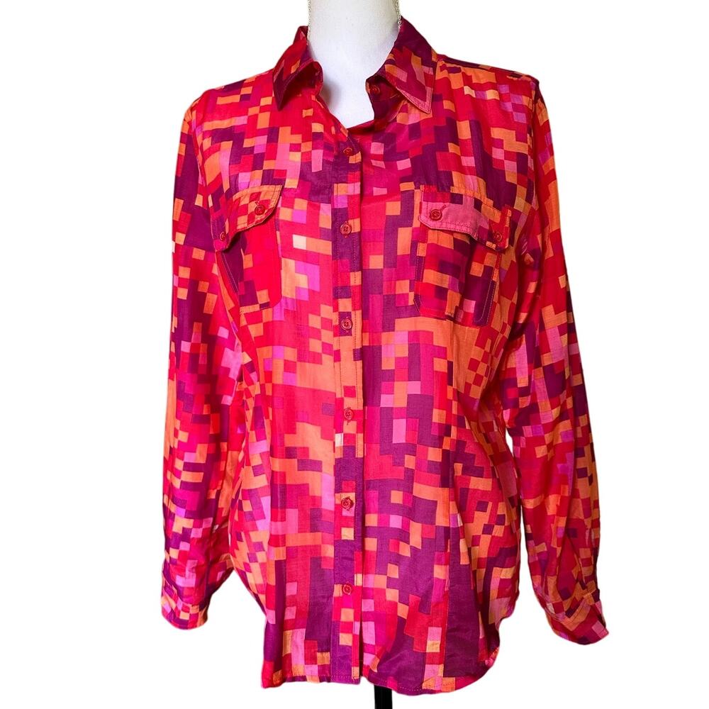 Calvin Klein Womens Medium Geometric Print Button Down Shirt 70% Cotton 30% Silk